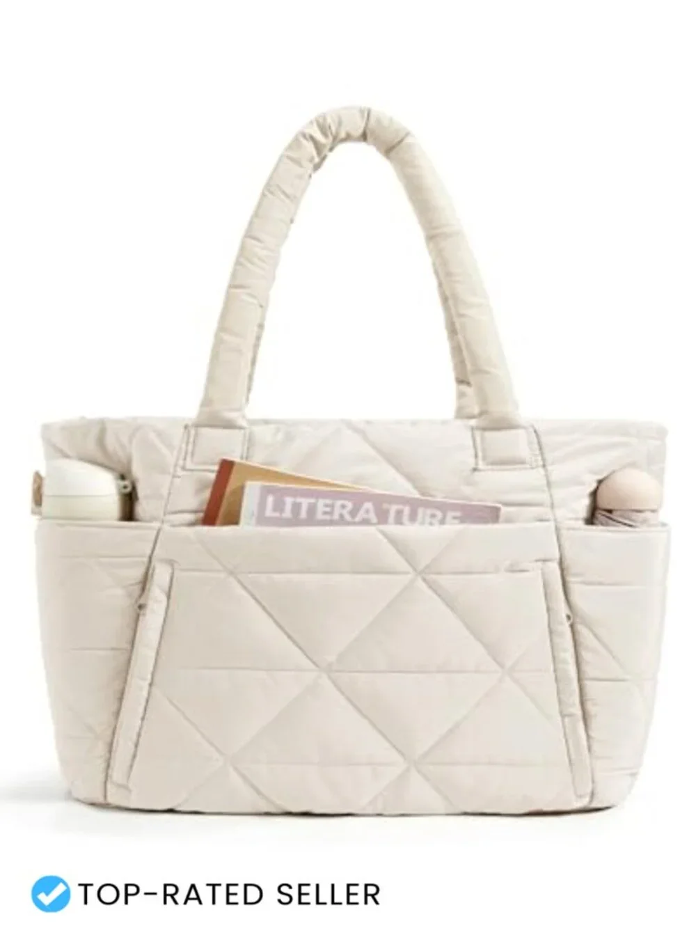 Large Quilted Puffer Tote Bag with Laptop Compartment, Zipper Closure